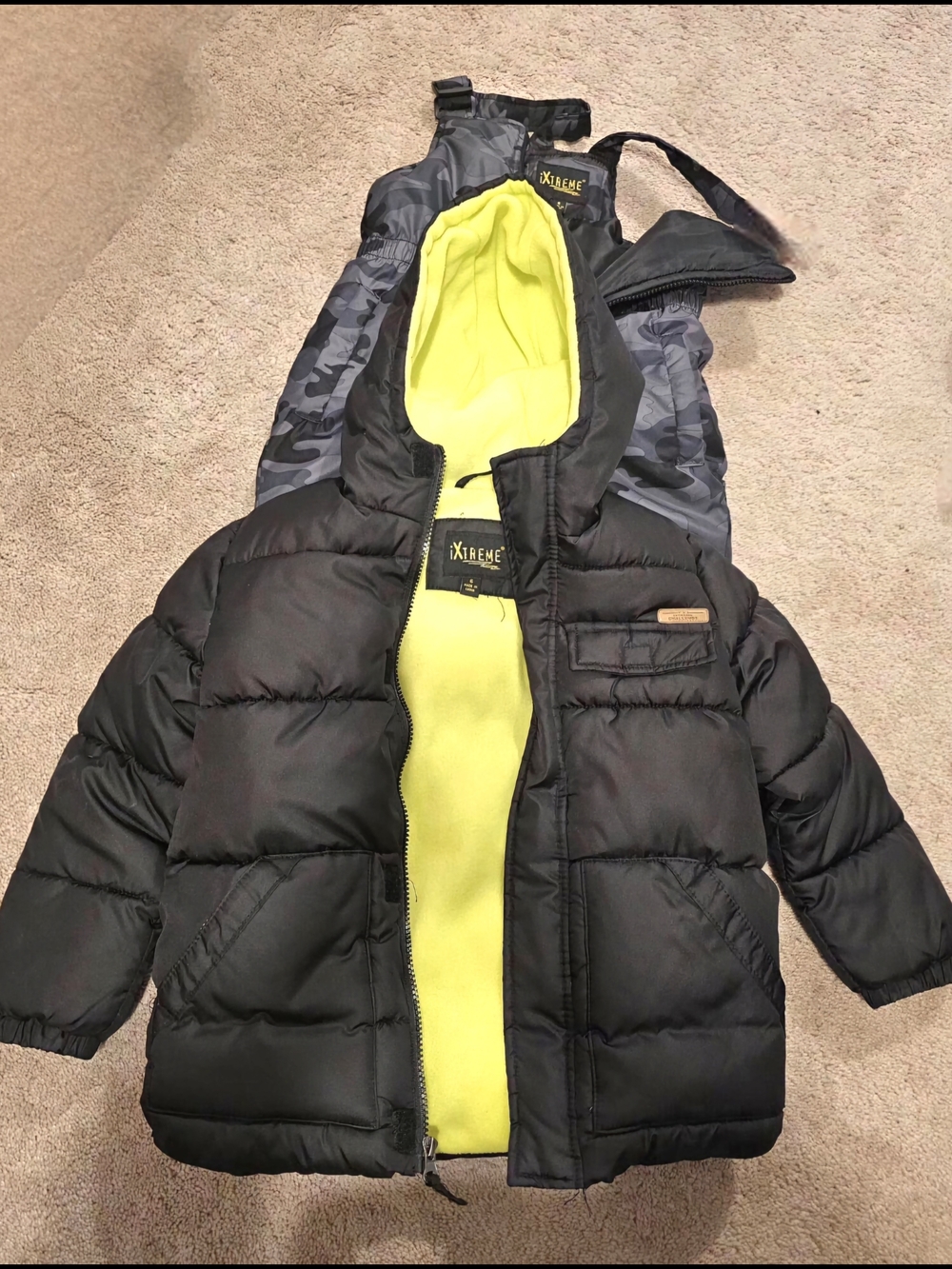 XTreme Kids' Black Puffer Jacket with Neon Yellow Hood Lining